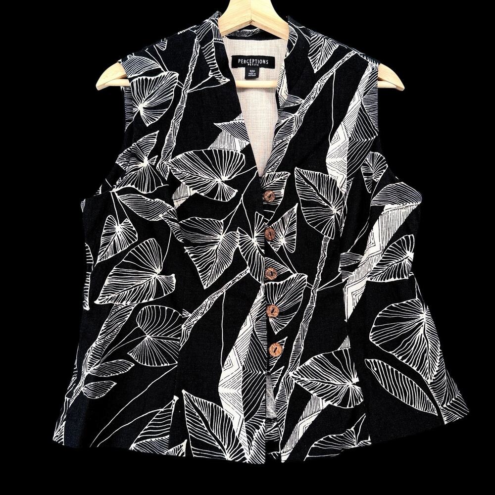 Perceptions Linen Blend Vest Top Womens 12 Petite Black White Leaf Resort Cruise